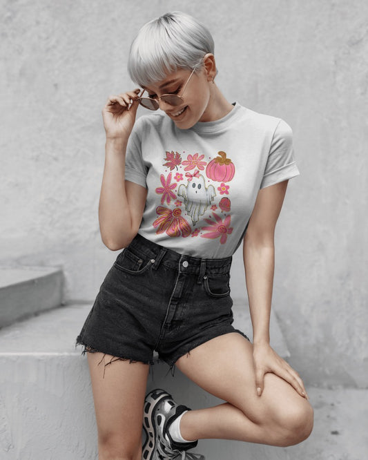 Pink Autumn Haunt Tee Cute Ghost & Fall Vibes