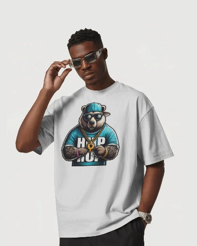 Hip Hop Bear Graphic T-Shirt - Cool Animal Streetwear Tee - Urban Style Rapper Bear with Sunglasses