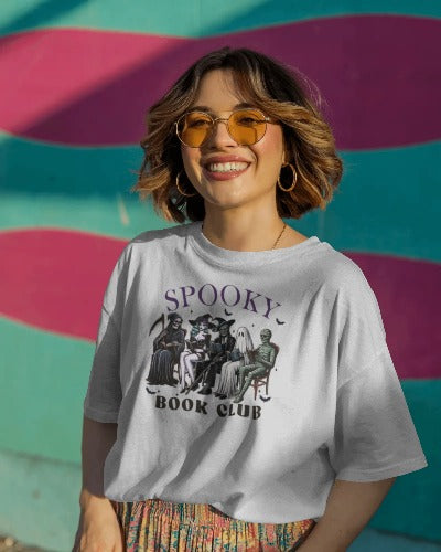 Spooky Book Club Graphic Tee Halloween Squad on a Bench