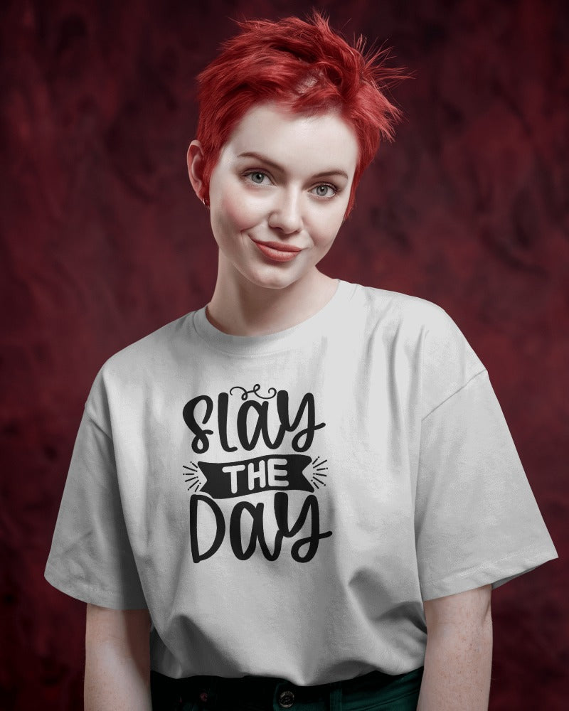 "Slay The Day" Motivational T-Shirt - Empowerment Quote Tee with Bold Typography Design