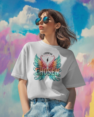 1 Peter 2:9 Chosen Christian T-Shirt - Women's Faith Graphic Tee with Angel Wings - Religious Inspirational Apparel