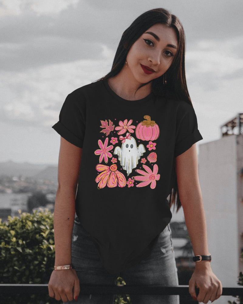 Pink Autumn Haunt Tee Cute Ghost & Fall Vibes