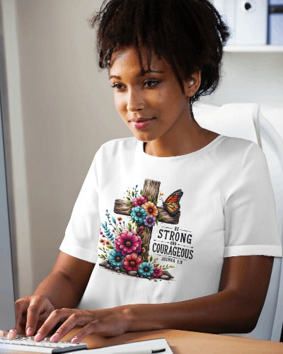 Be Strong and Courageous Joshua 1:9 Christian T-Shirt - Faith Inspirational Graphic Tee with Floral Cross Design