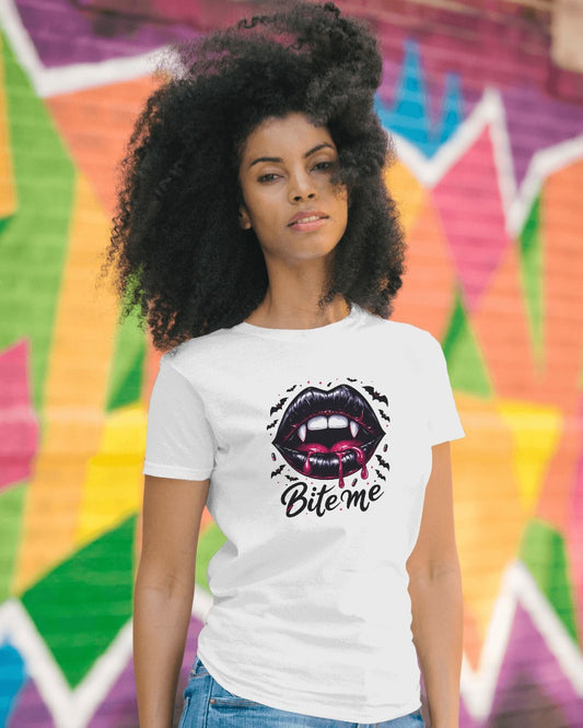 "Bite Me" Vampire Lips T-Shirt - Gothic Fangs Design Tee with Dark Humor Quote