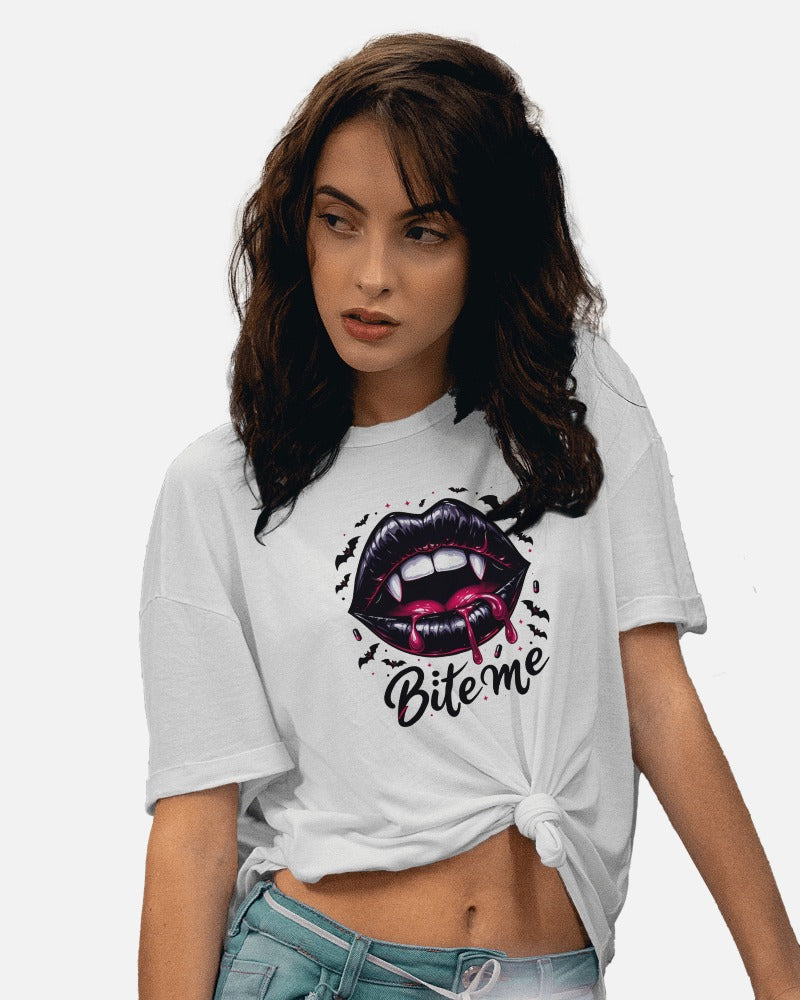 "Bite Me" Vampire Lips T-Shirt - Gothic Fangs Design Tee with Dark Humor Quote
